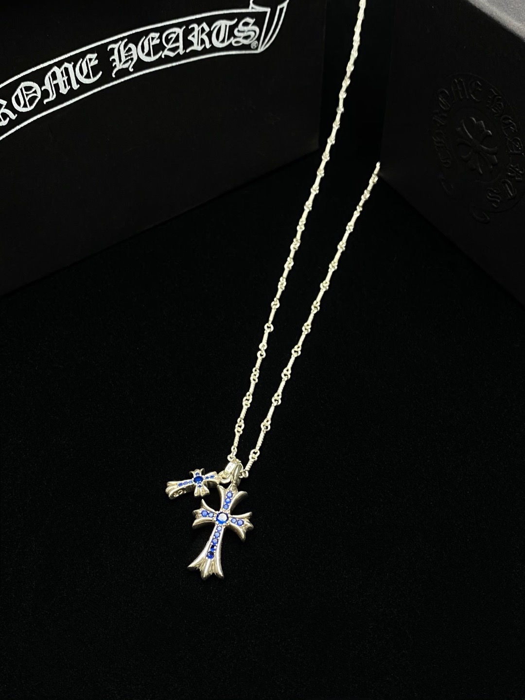 Chrome Hearts Double Blue Crystal Gothic Cross Silver Chain Necklace product image 3 thumbnail