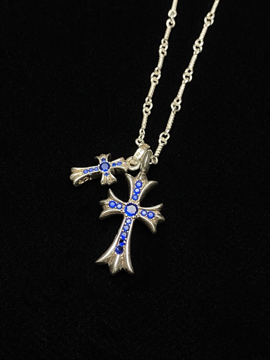 Chrome Hearts Double Blue Crystal Gothic Cross Silver Chain Necklace product image 4 thumbnail