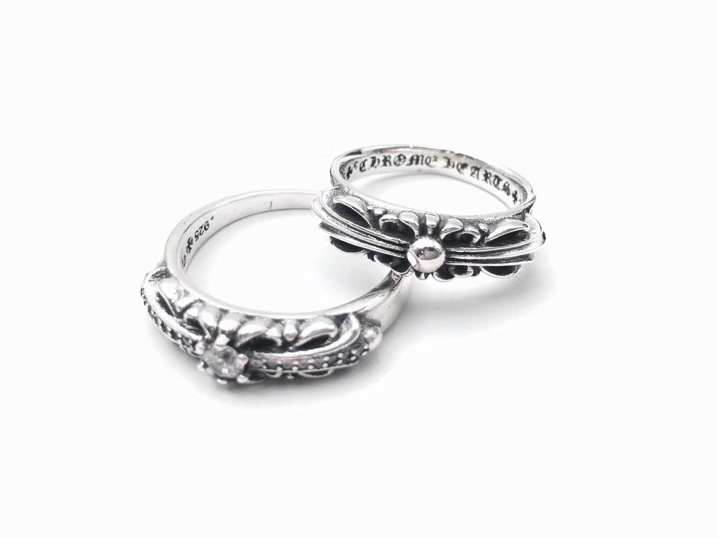 Chrome Hearts Gothic Fleur Cross Couple Silver Ring Set