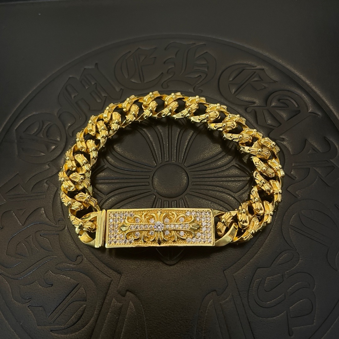 Chrome Hearts Gold Plated Gothic Fleur Cross Diamond Cuban Chain Bracelet