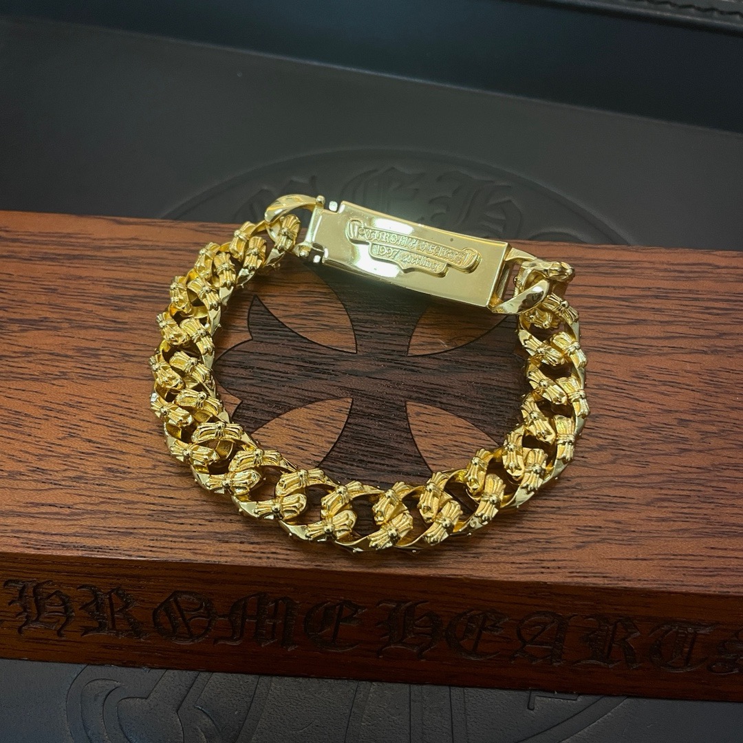 Chrome Hearts Gold Plated Gothic Fleur Cross Diamond Cuban Chain Bracelet product image 2 thumbnail