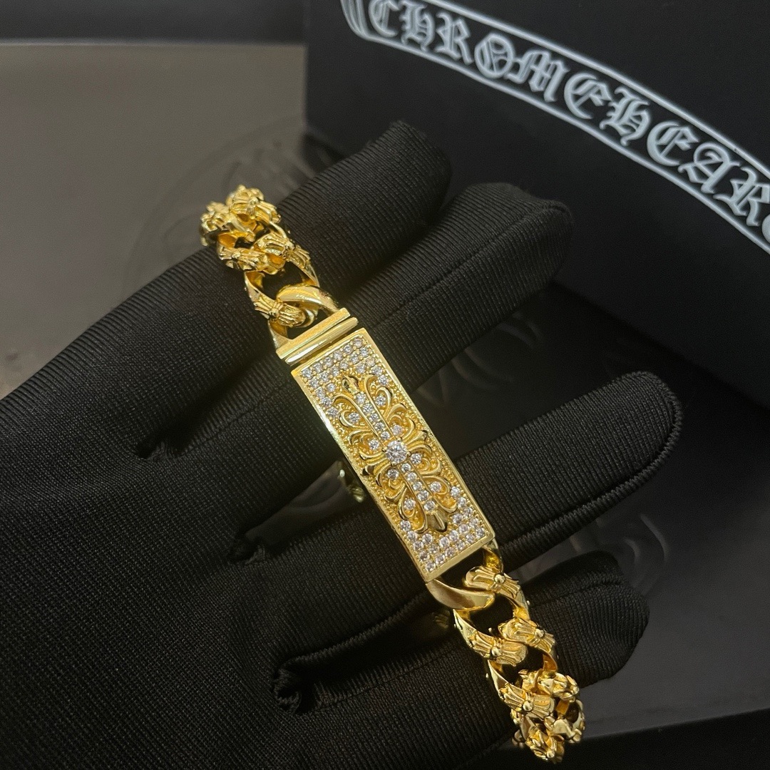 Chrome Hearts Gold Plated Gothic Fleur Cross Diamond Cuban Chain Bracelet product image 3 thumbnail