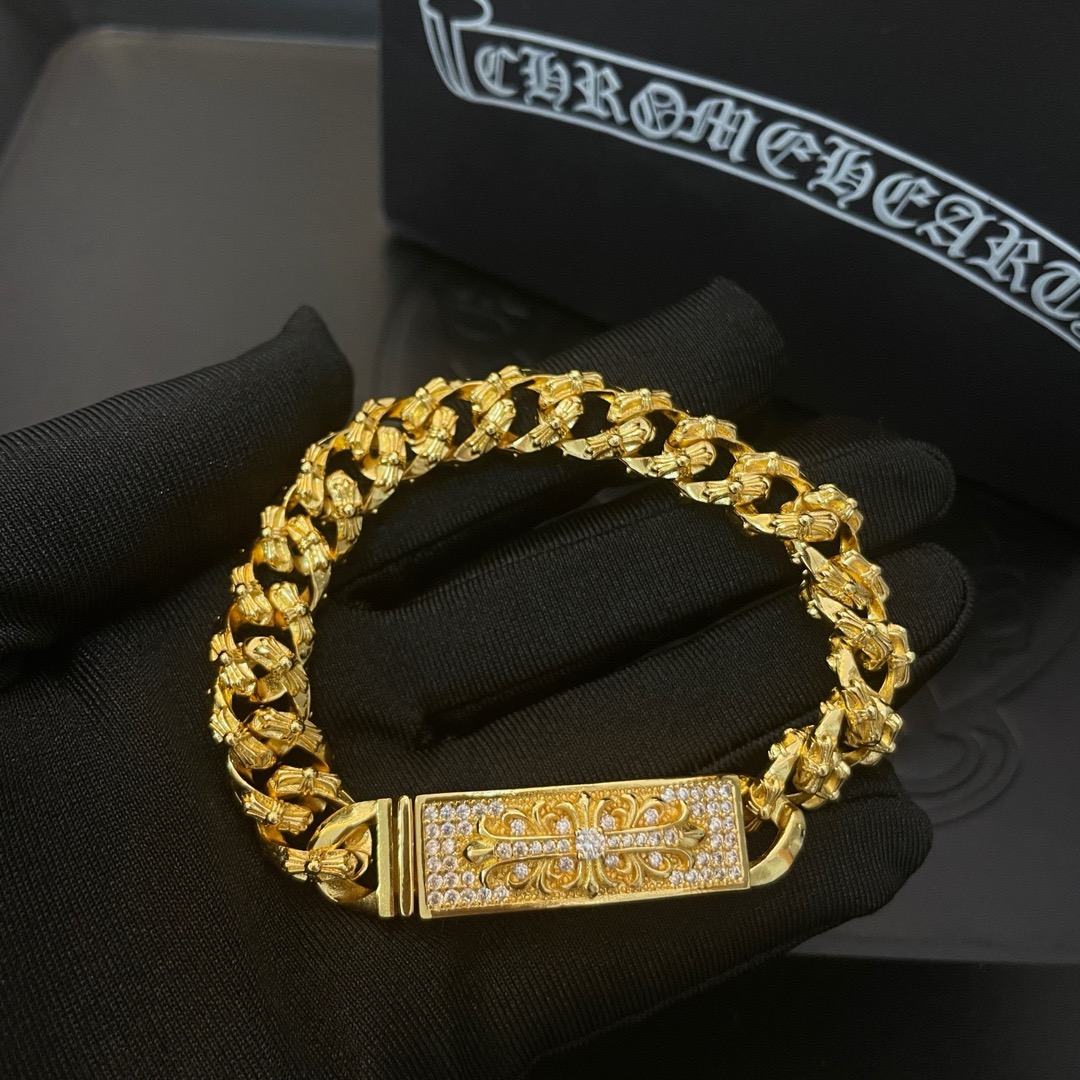 Chrome Hearts Gold Plated Gothic Fleur Cross Diamond Cuban Chain Bracelet product image 4 thumbnail