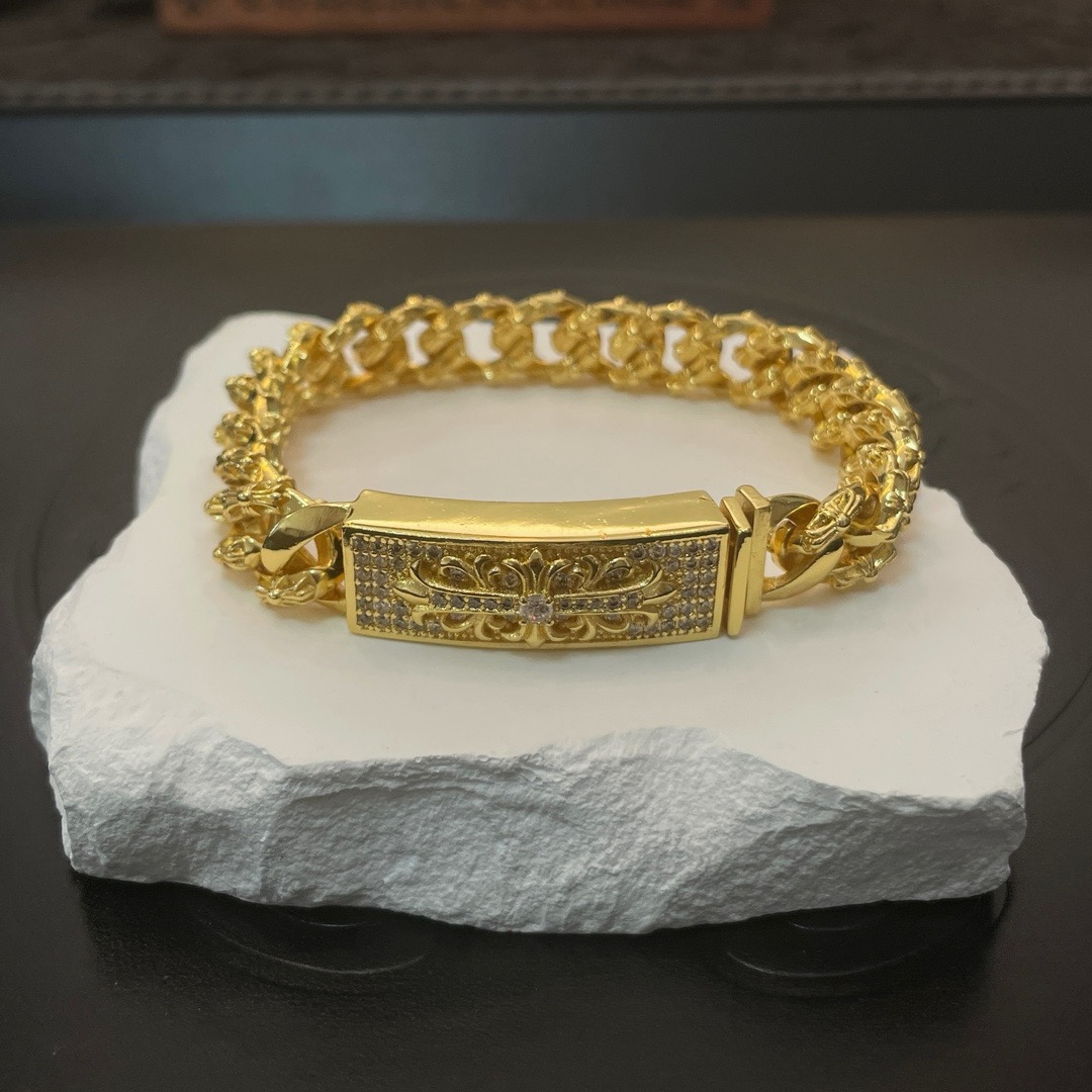 Chrome Hearts Gold Plated Gothic Fleur Cross Diamond Cuban Chain Bracelet product image 5 thumbnail