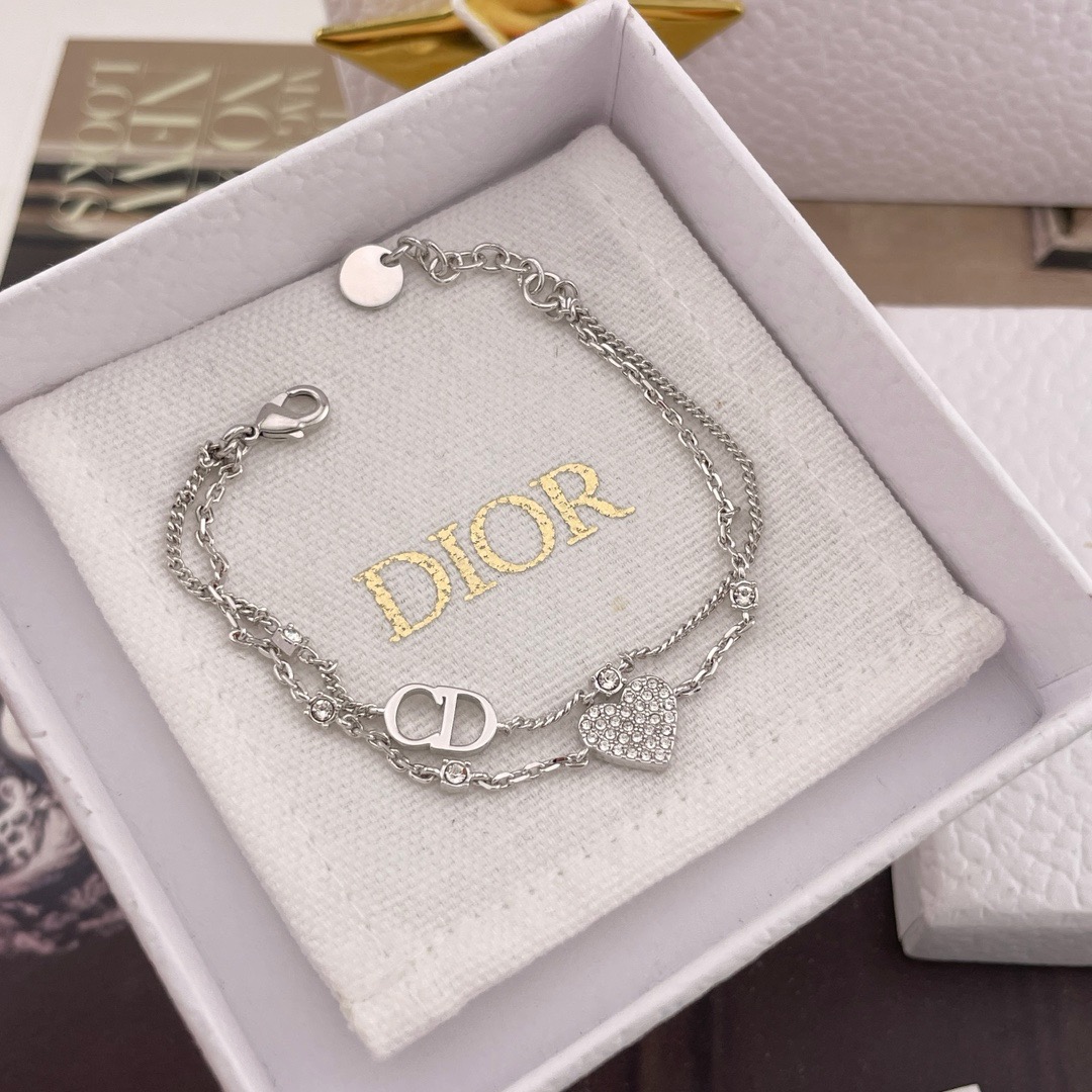 Dior Petit CD Double Layer Pavé Heart Silver Tone Bracelet